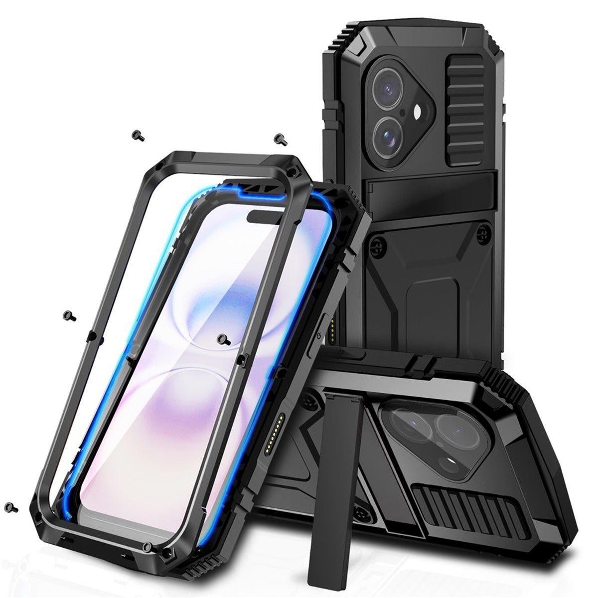 iPhone 17 R-JUST Hybrid Bagside Cover m. Indbygget Skærmbeskyttelse & Kickstand - Sort