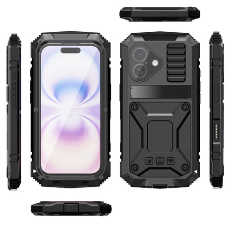 iPhone 17 R-JUST Hybrid Bagside Cover m. Indbygget Skærmbeskyttelse & Kickstand - Sort