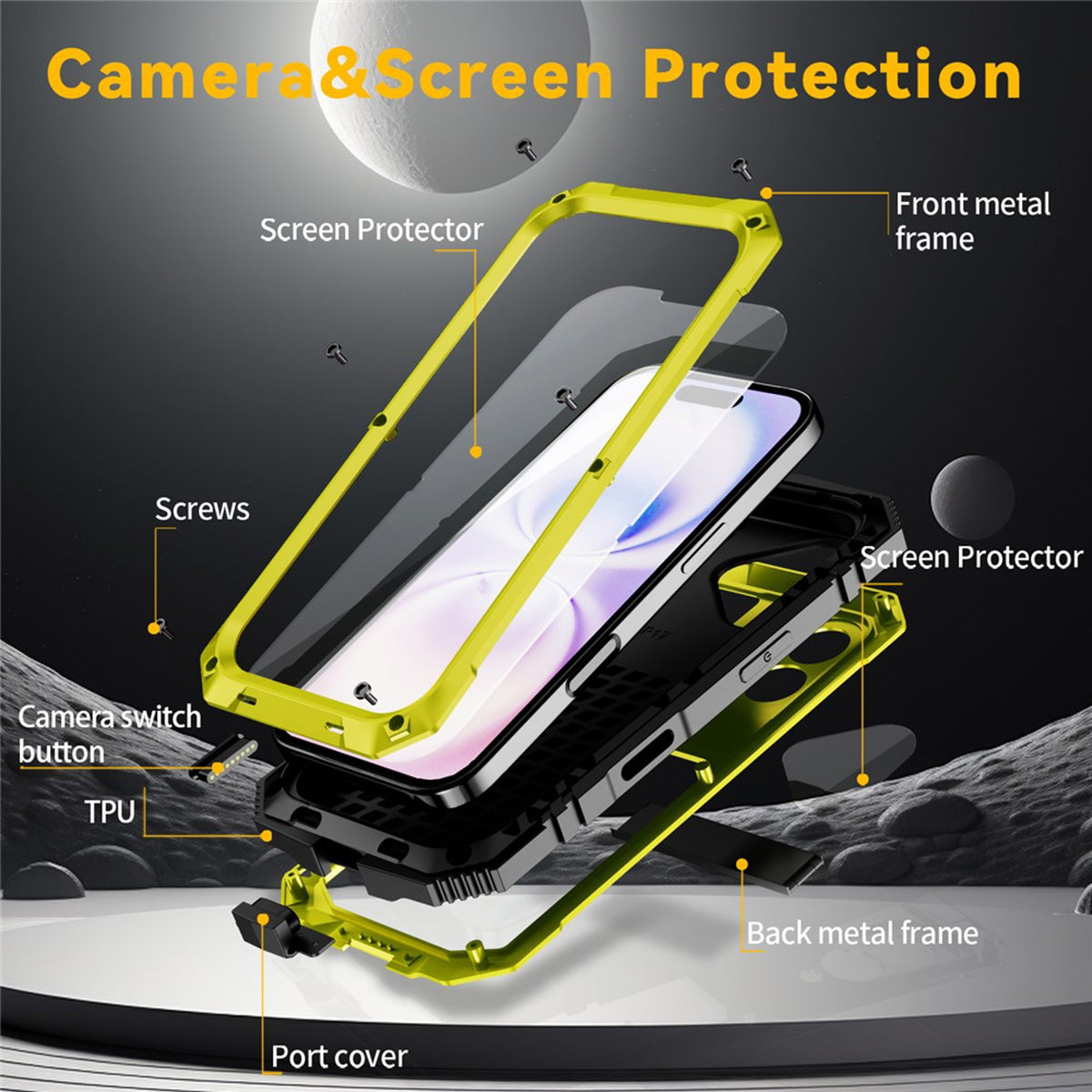 iPhone 17 R-JUST Hybrid Bagside Cover m. Indbygget Skærmbeskyttelse & Kickstand - Gul