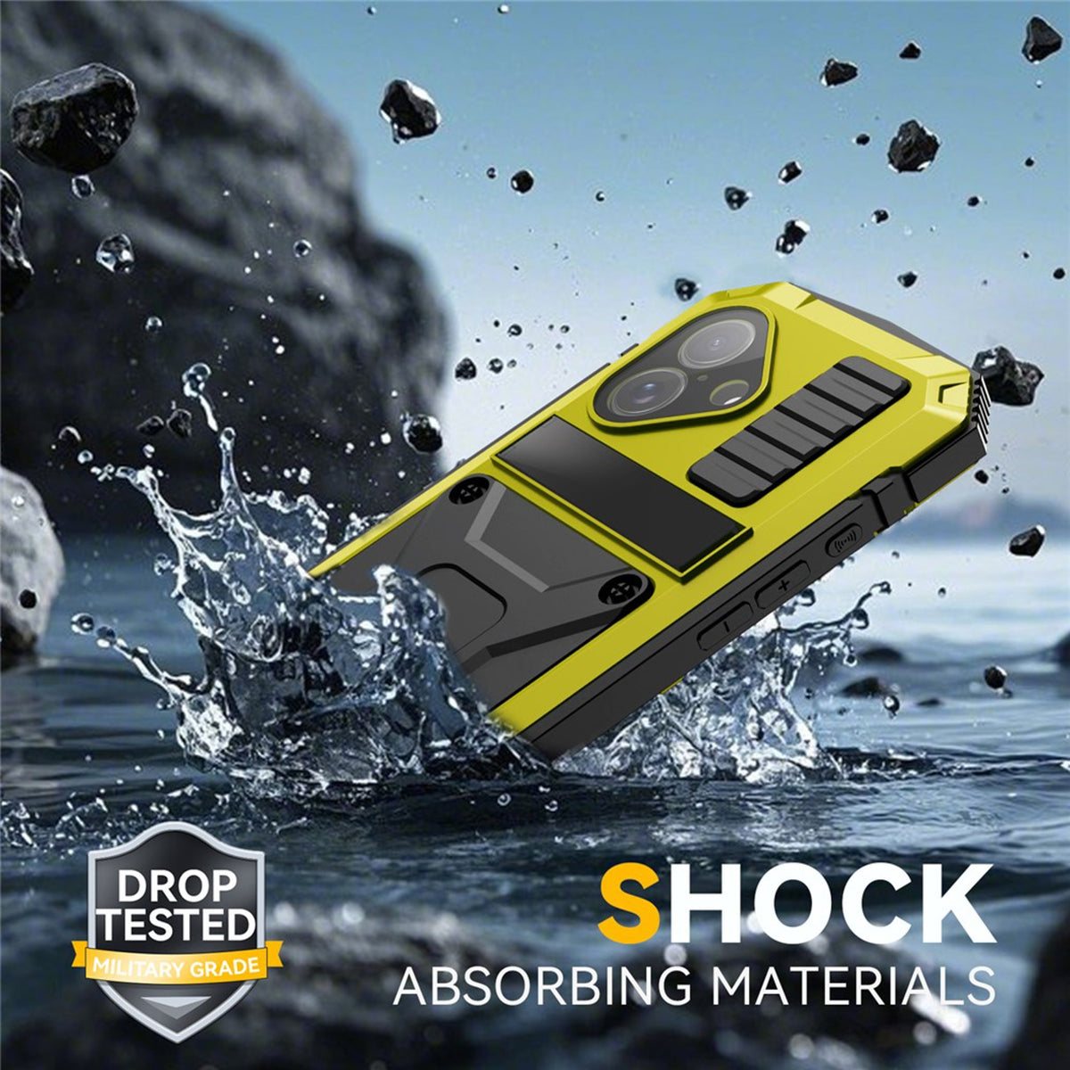 iPhone 17 R-JUST Hybrid Bagside Cover m. Indbygget Skærmbeskyttelse & Kickstand - Gul