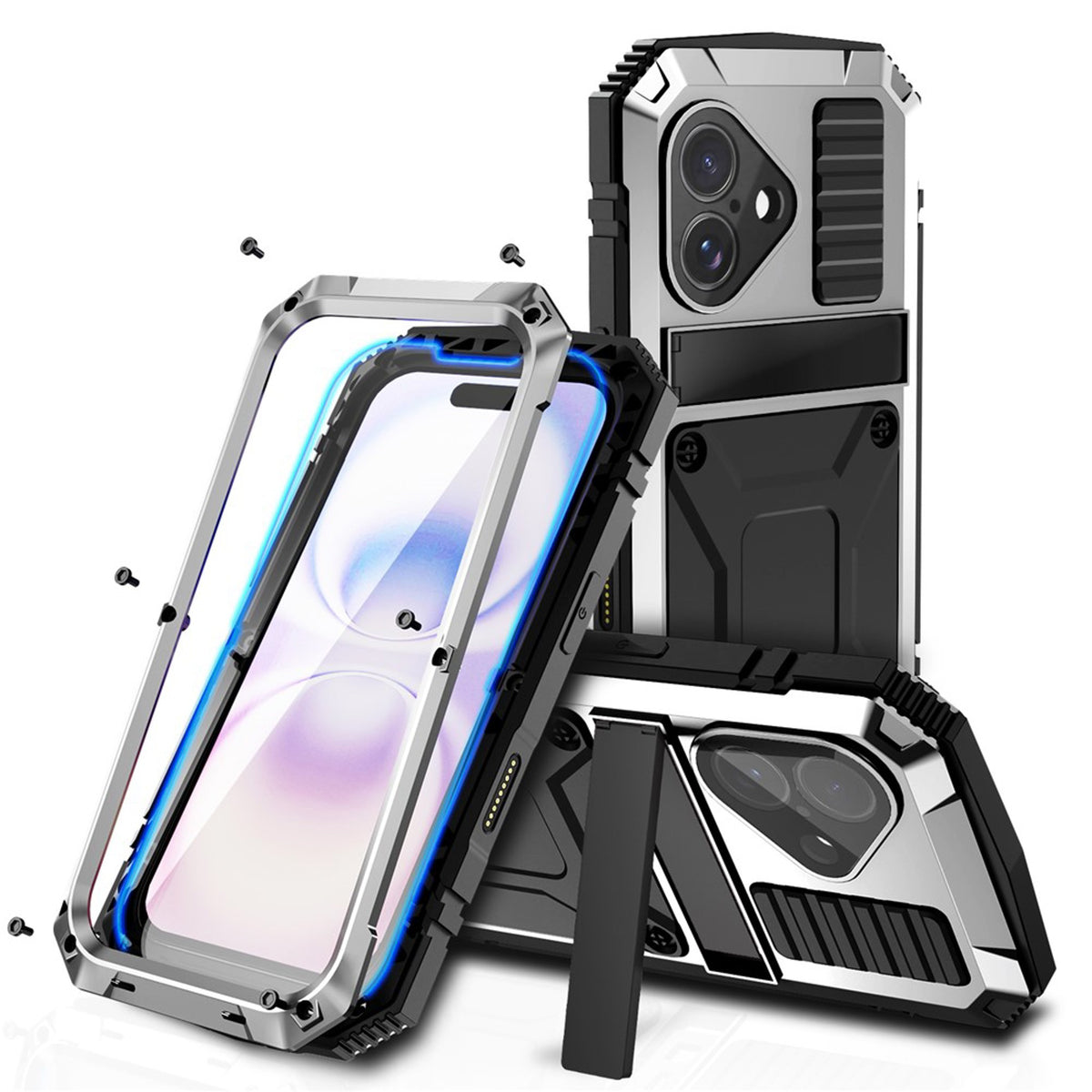 iPhone 17 R-JUST Hybrid Bagside Cover m. Indbygget Skærmbeskyttelse & Kickstand - Sølv