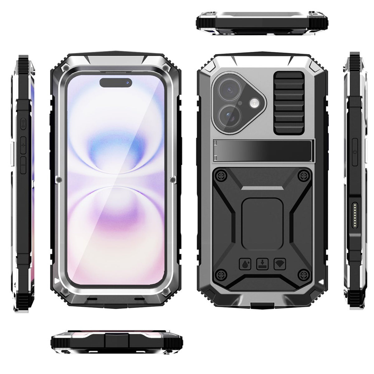 iPhone 17 R-JUST Hybrid Bagside Cover m. Indbygget Skærmbeskyttelse & Kickstand - Sølv