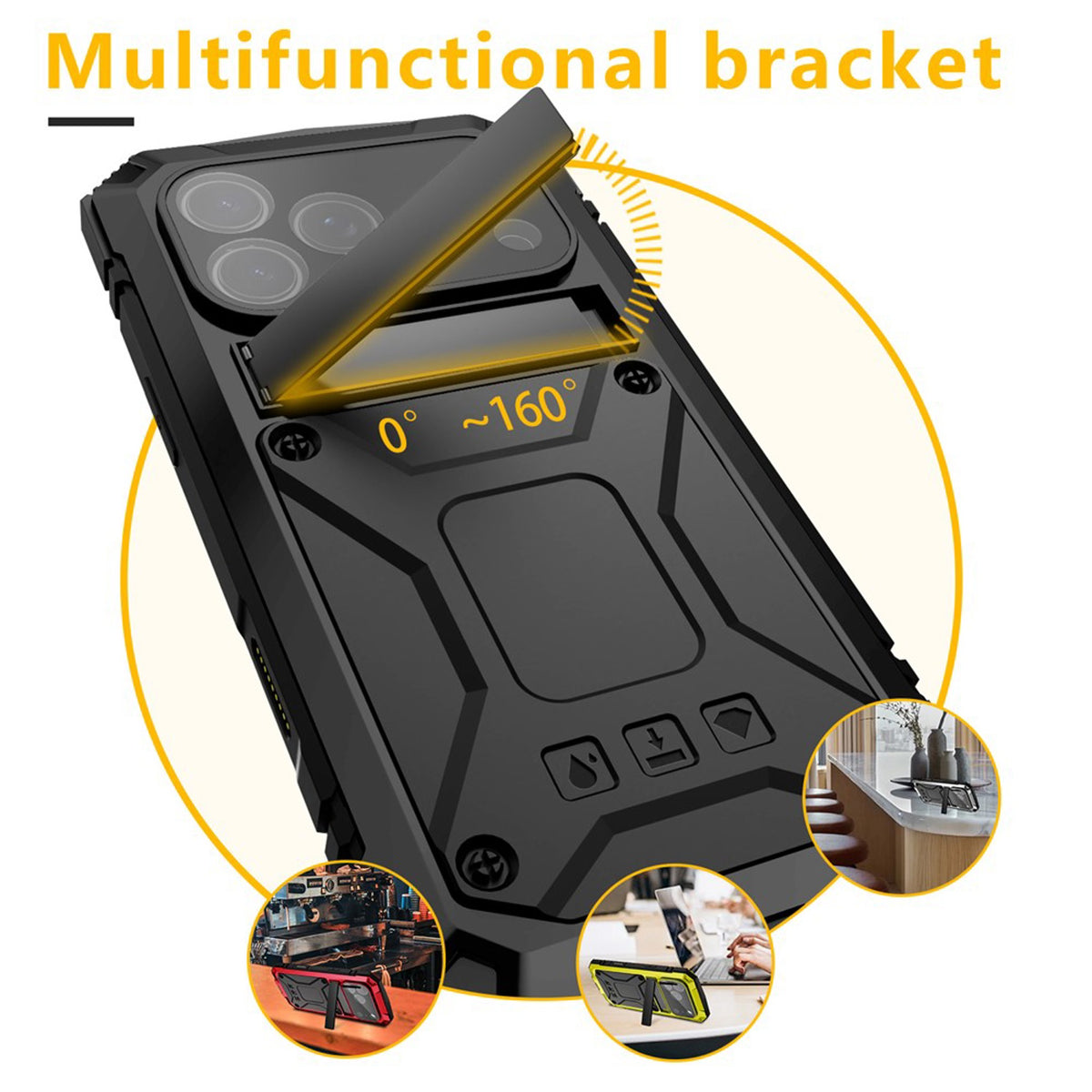 iPhone 18 Pro / 17 Pro R-JUST Hybrid Bagside Cover m. Indbygget Skærmbeskyttelse & Kickstand - Sort