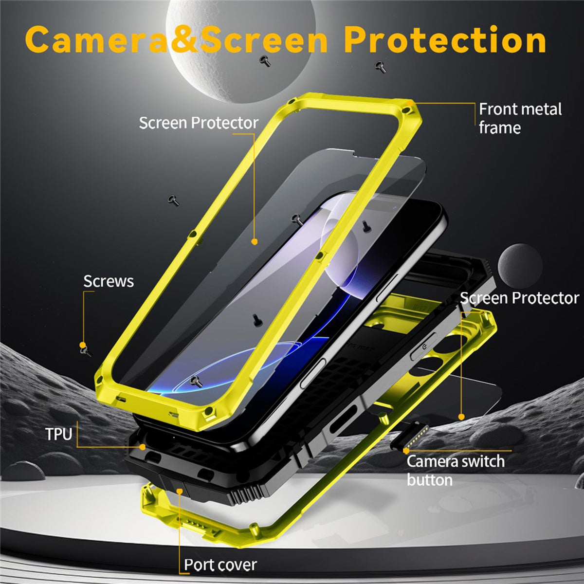 iPhone 18 Pro / 17 Pro R-JUST Hybrid Bagside Cover m. Indbygget Skærmbeskyttelse & Kickstand - Gul