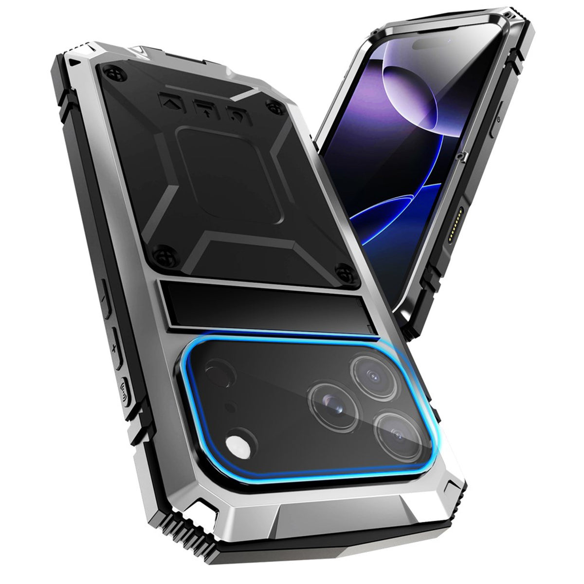 iPhone 18 Pro / 17 Pro R-JUST Hybrid Bagside Cover m. Indbygget Skærmbeskyttelse & Kickstand - Sølv
