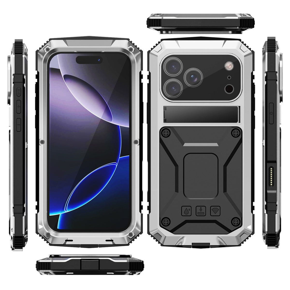iPhone 18 Pro Max / 17 Pro Max R-JUST Hybrid Bagside Cover m. Indbygget Skærmbeskyttelse & Kickstand - Sølv