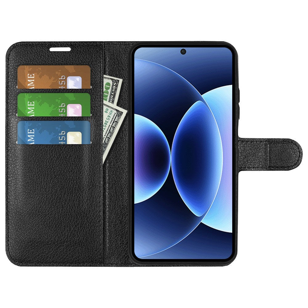 AMORUS Xiaomi 17 Pro Max Litchi Tekstur Kunstlæder Flip Mobil Cover m. Kortholder - Sort