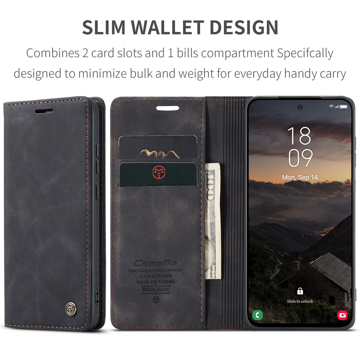 CASEME Samsung Galaxy S26 Kunstlæder Flip Cover m. Kortholder & Ståfunktion - Sort