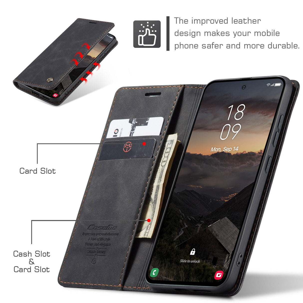 CASEME Samsung Galaxy S26 Kunstlæder Flip Cover m. Kortholder & Ståfunktion - Sort