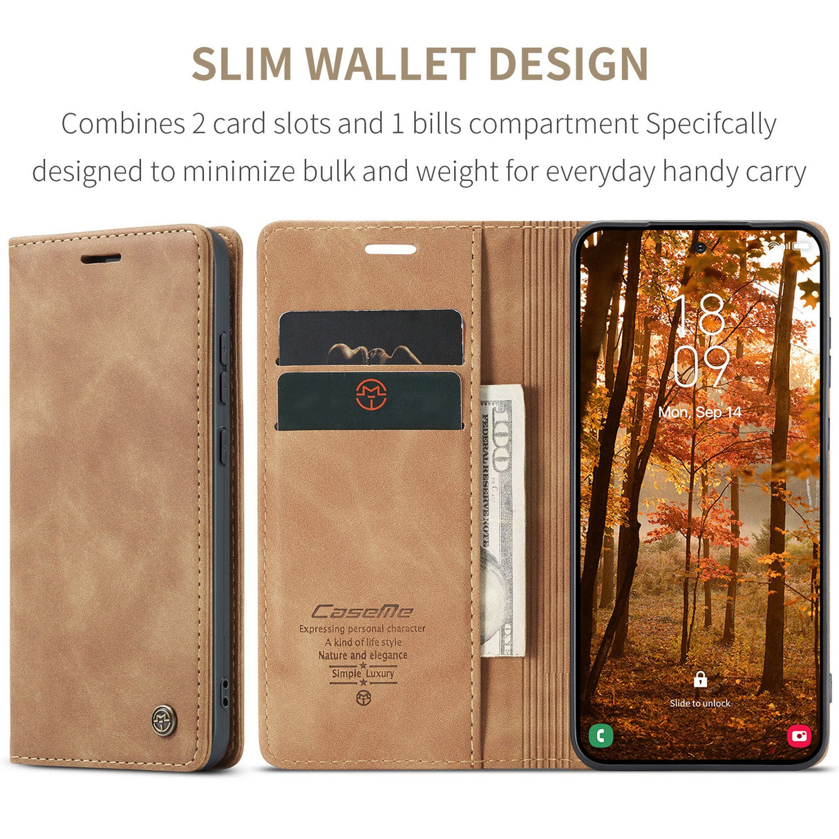 CASEME Samsung Galaxy S26 Kunstlæder Flip Cover m. Kortholder & Ståfunktion - Lysebrun