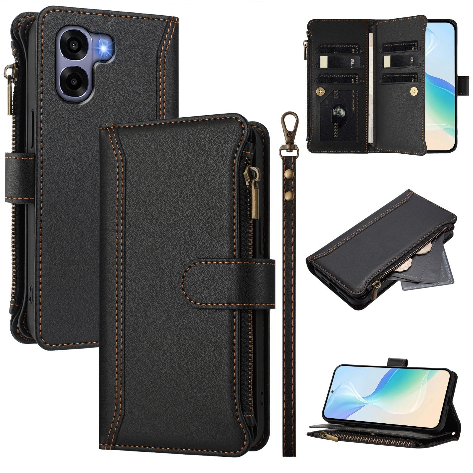 OPPO A6x EIDERWOOD Flip Cover i Kunstlæder - 9 x Kortholder - Lynlåslomme - Sort
