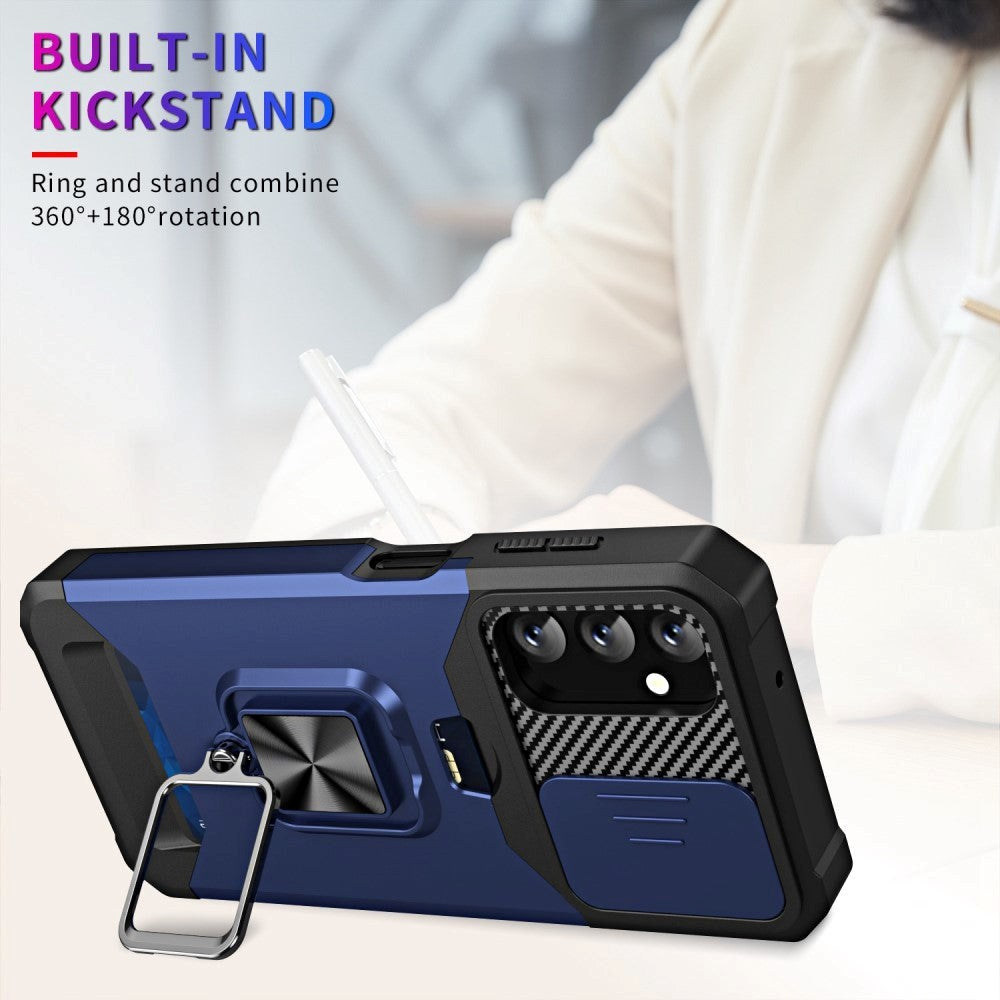 Samsung Galaxy A14 (5G) Craftsman Bakdeksel m. Magnetisk stativ, kortholder og kameraglider - svart / blå