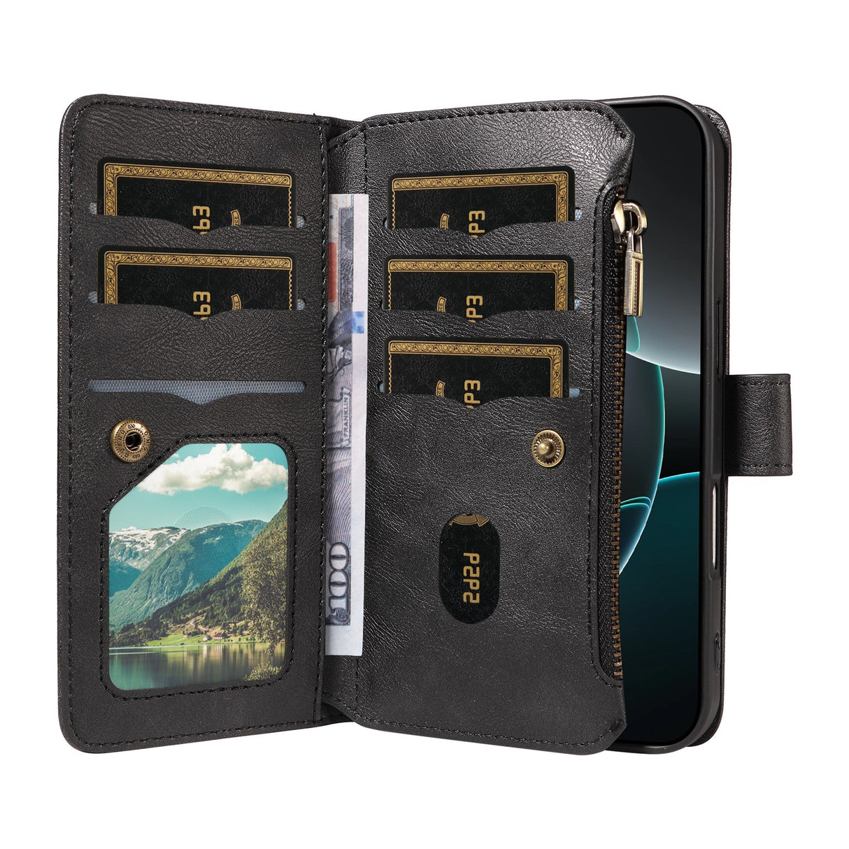 iPhone 17 EIDERWOOD Flipcase m. 9 x Kortholder / Lynlåslomme / RFDI-Blokering / Rem - Sort