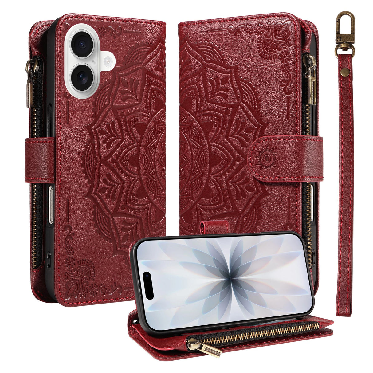 iPhone 17 EIDERWOOD Flipcase m. 9 x Kortholder / Lynlåslomme / RFDI-Blokering / Rem - Rød