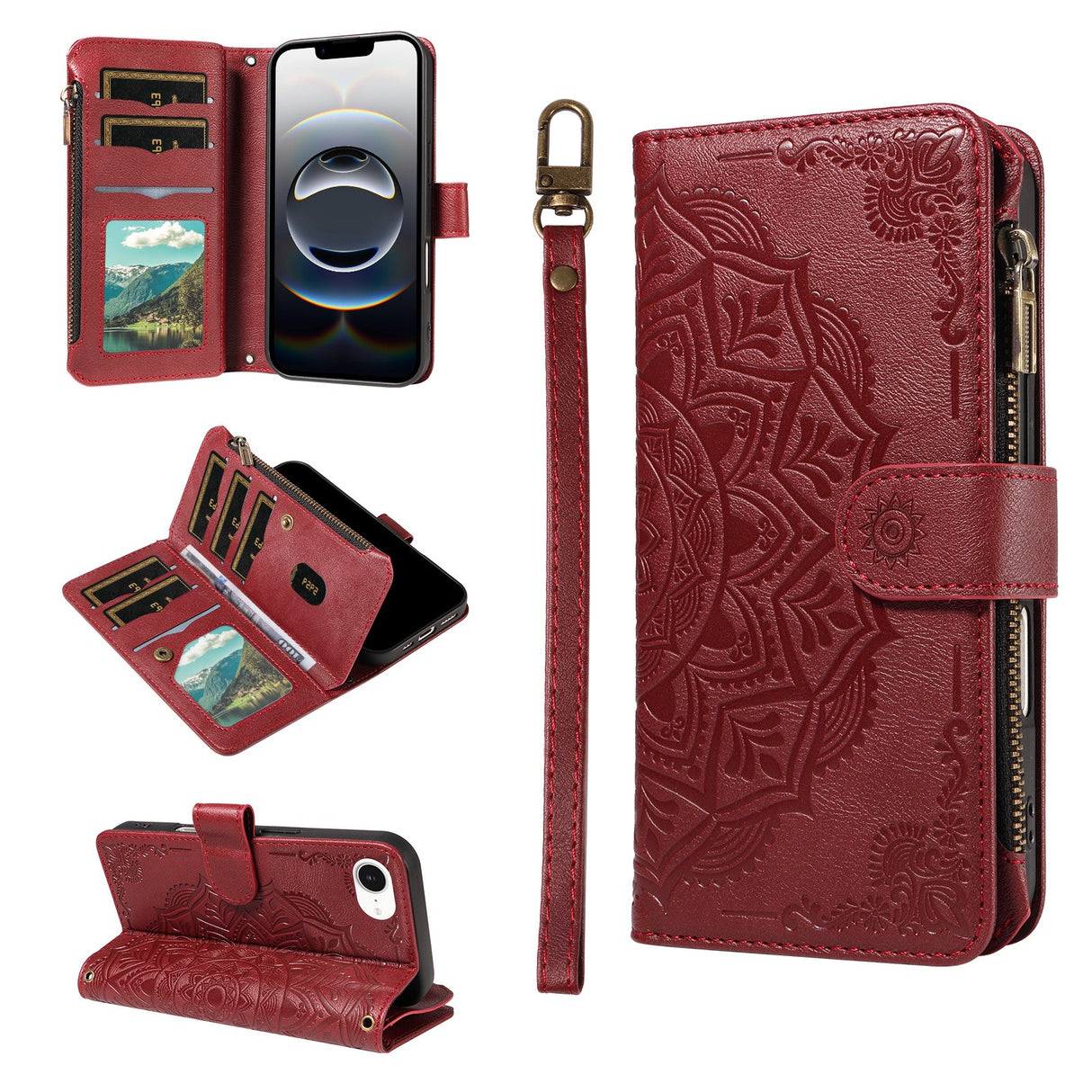 iPhone 17e / 16e EIDERWOOD Flipcase m. 9 x Kortholder / Lynlåslomme / RFDI-Blokering / Rem - Rød