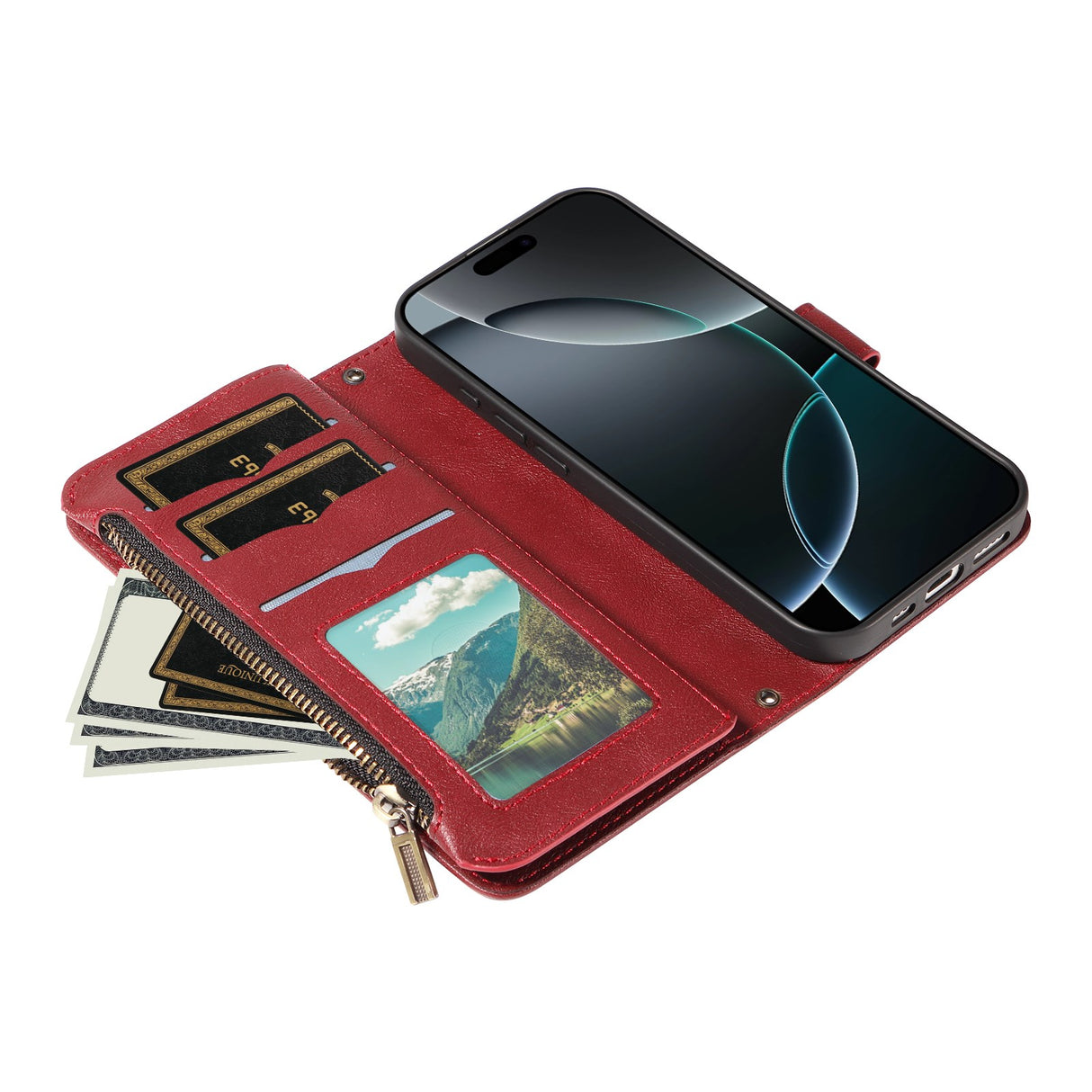 iPhone 17e / 16e EIDERWOOD Flipcase m. 9 x Kortholder / Lynlåslomme / RFDI-Blokering / Rem - Rød