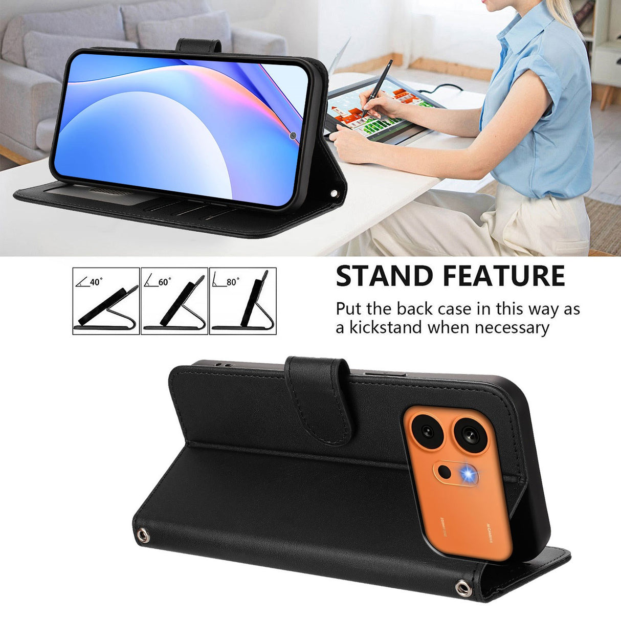 Honor 600 / 600 Pro EIDERWOOD Kunstlæder Flip Cover inkl. Strop - Sort