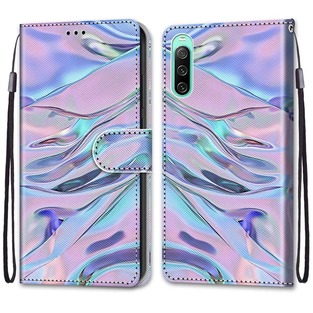 Sony Xperia 10 IV Læder Flip Cover m. Pung og Strop - Farverig Satin