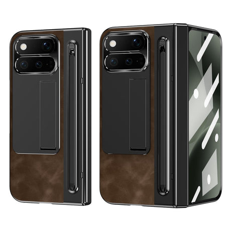 Google Pixel 11 Pro Fold EIDERWOOD Kunstlæder Mobilcover m. Hærdet Glas - Mørkebrun / Sort