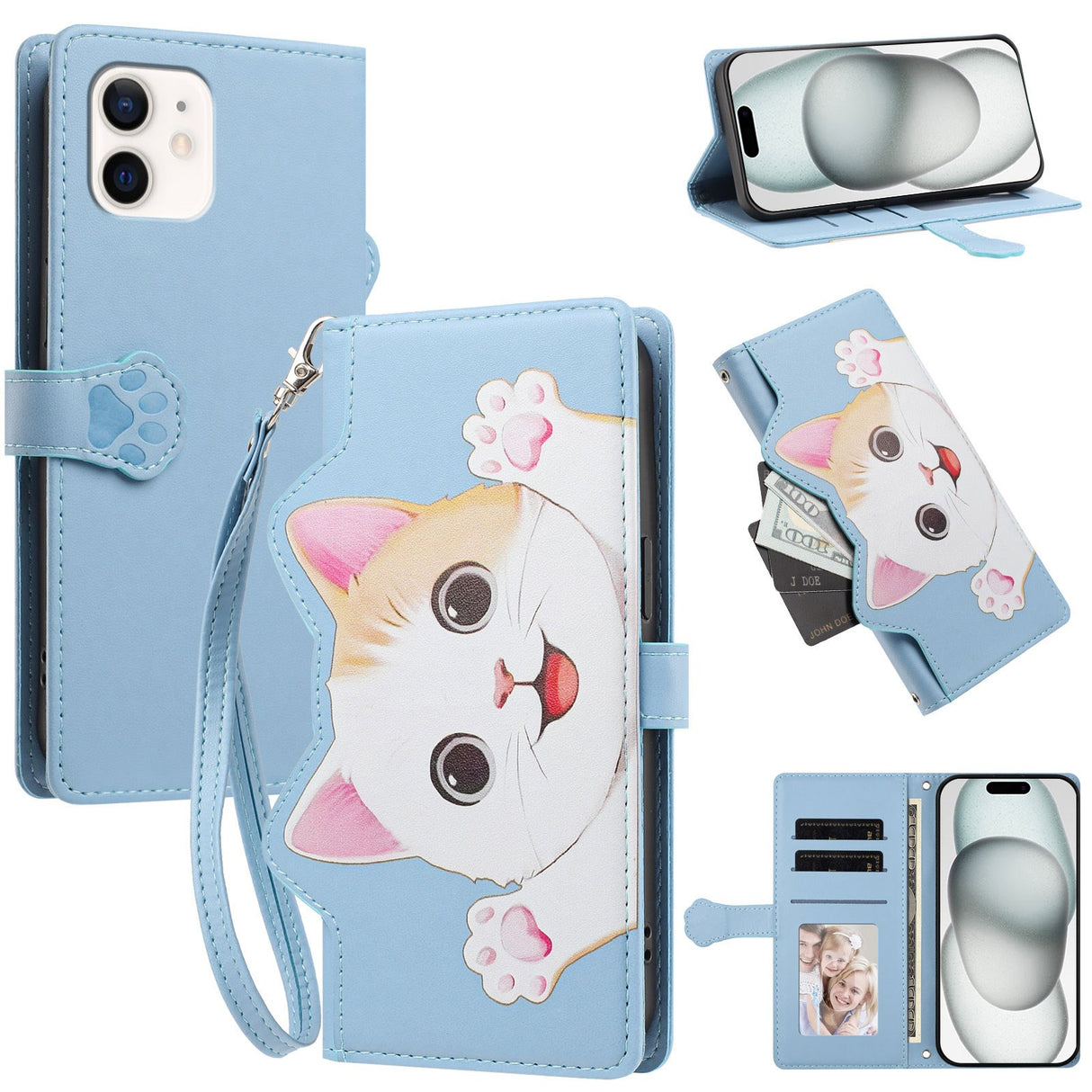 iPhone 12 / 12 Pro Flip Cover - 3D Katteører - Kortholder - Ståfunktion - Blå