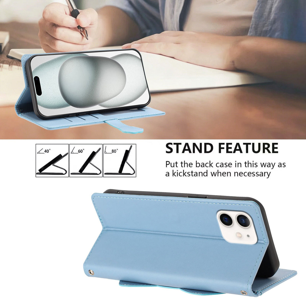 iPhone 12 / 12 Pro Flip Cover - 3D Katteører - Kortholder - Ståfunktion - Blå