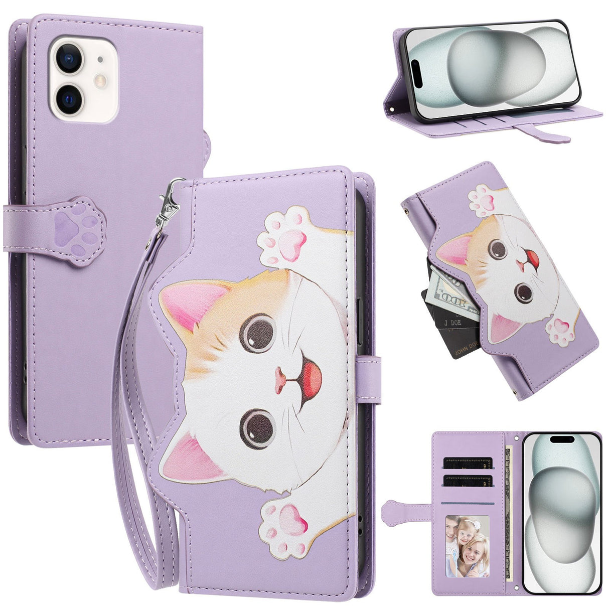 iPhone 12 / 12 Pro Flip Cover - 3D Katteører - Kortholder - Ståfunktion - Lilla