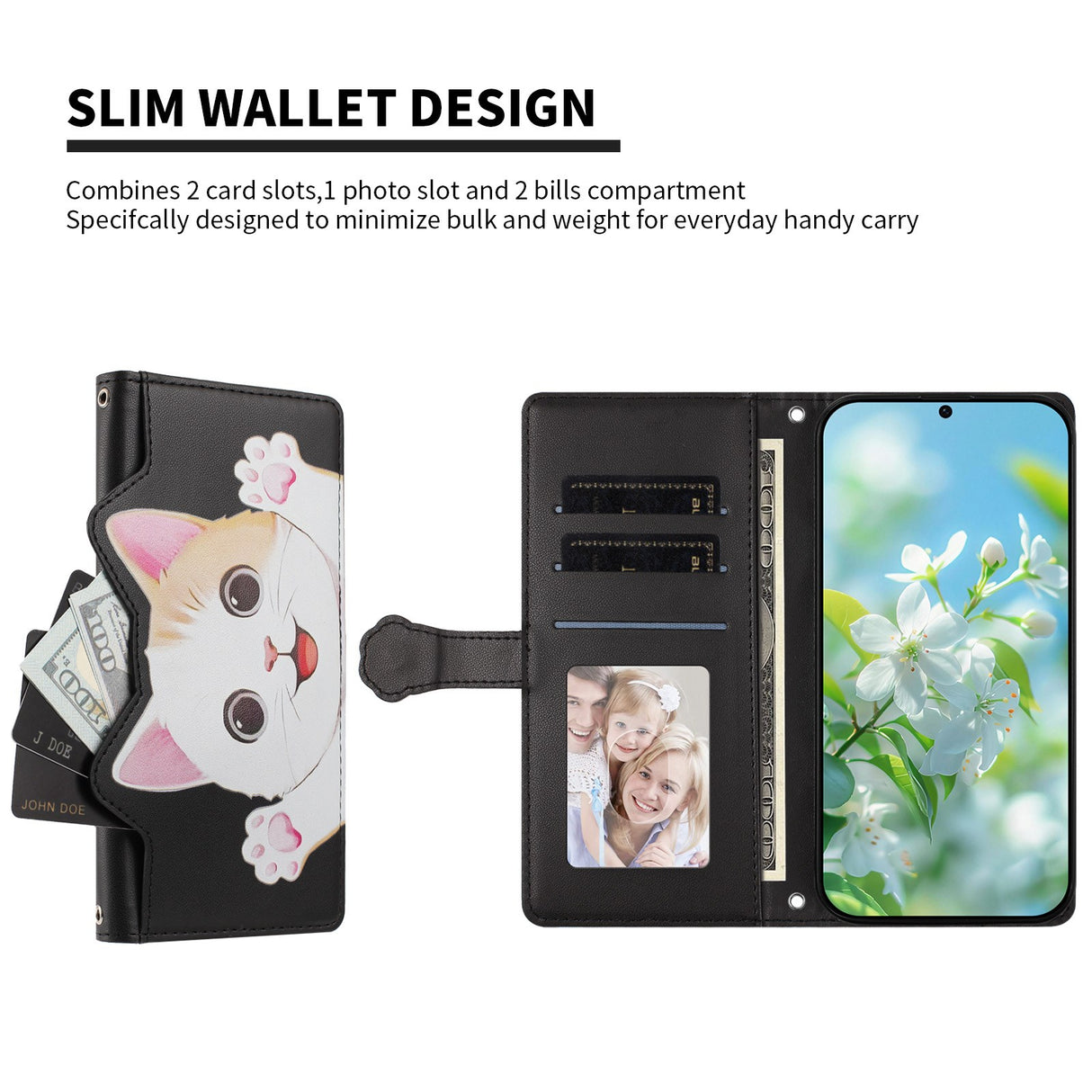 iPhone 14 / 13 Flip Cover - 3D Katteører - Kortholder - Ståfunktion - Sort