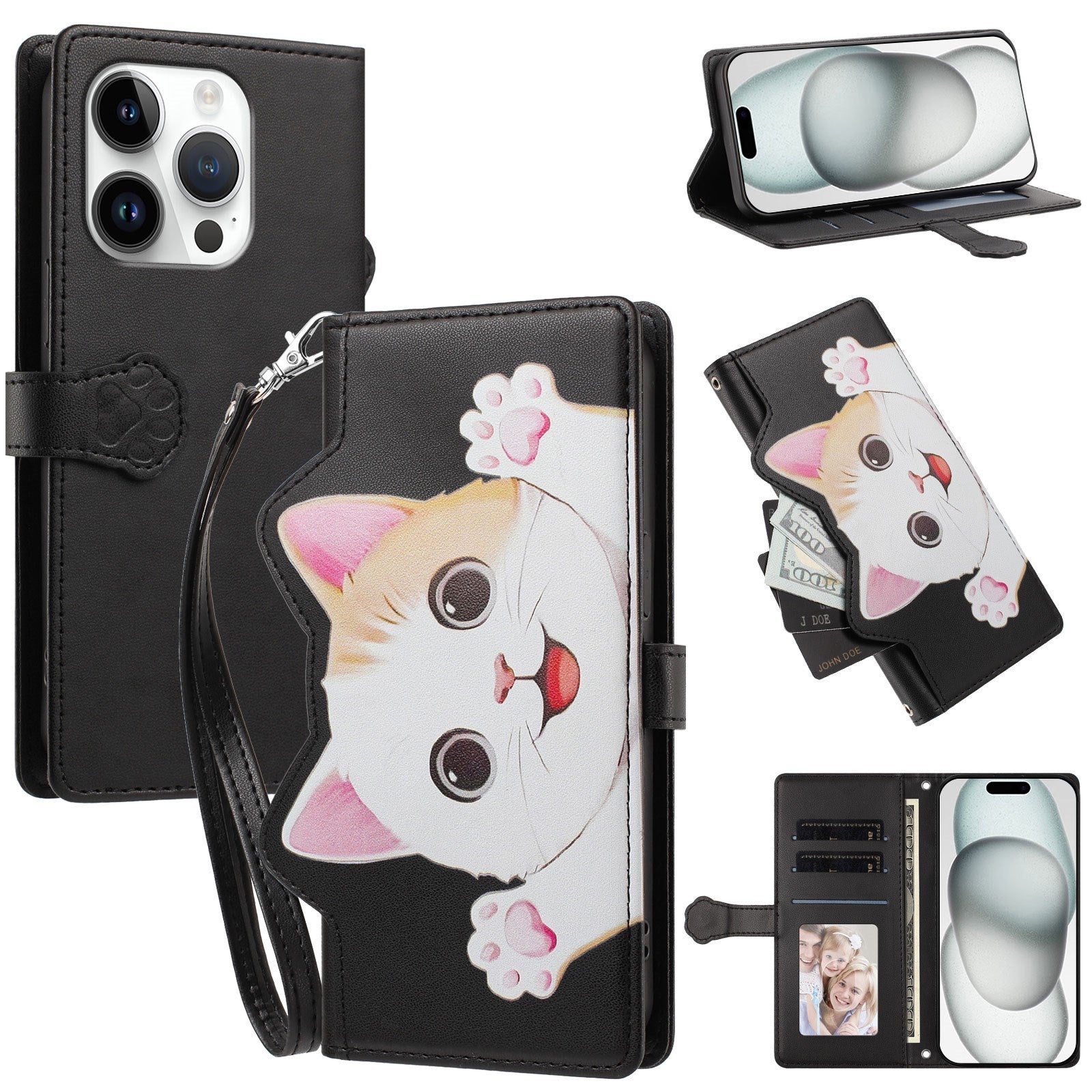 iPhone 16 Pro Flip Cover - 3D Katteører - Kortholder - Ståfunktion - Sort