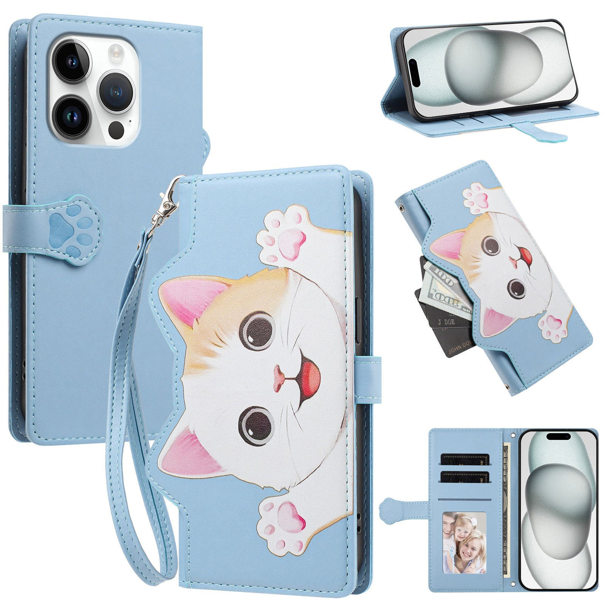iPhone 16 Pro Flip Cover - 3D Katteører - Kortholder - Ståfunktion - Blå