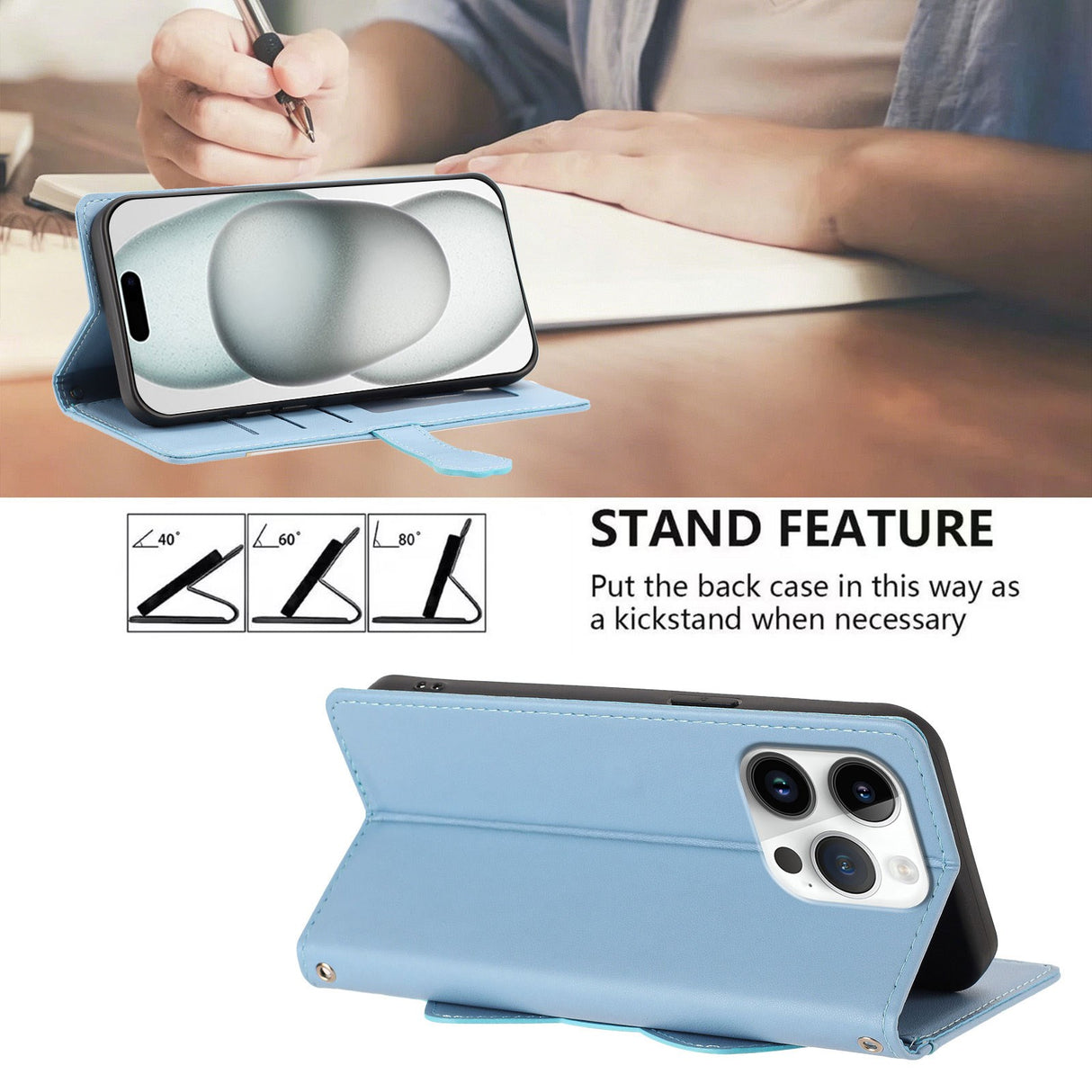 iPhone 16 Pro Flip Cover - 3D Katteører - Kortholder - Ståfunktion - Blå