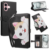 iPhone 16 Flip Cover - 3D Katteører - Kortholder - Ståfunktion - Sort