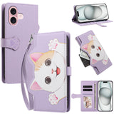 iPhone 16 Flip Cover - 3D Katteører - Kortholder - Ståfunktion - Lilla