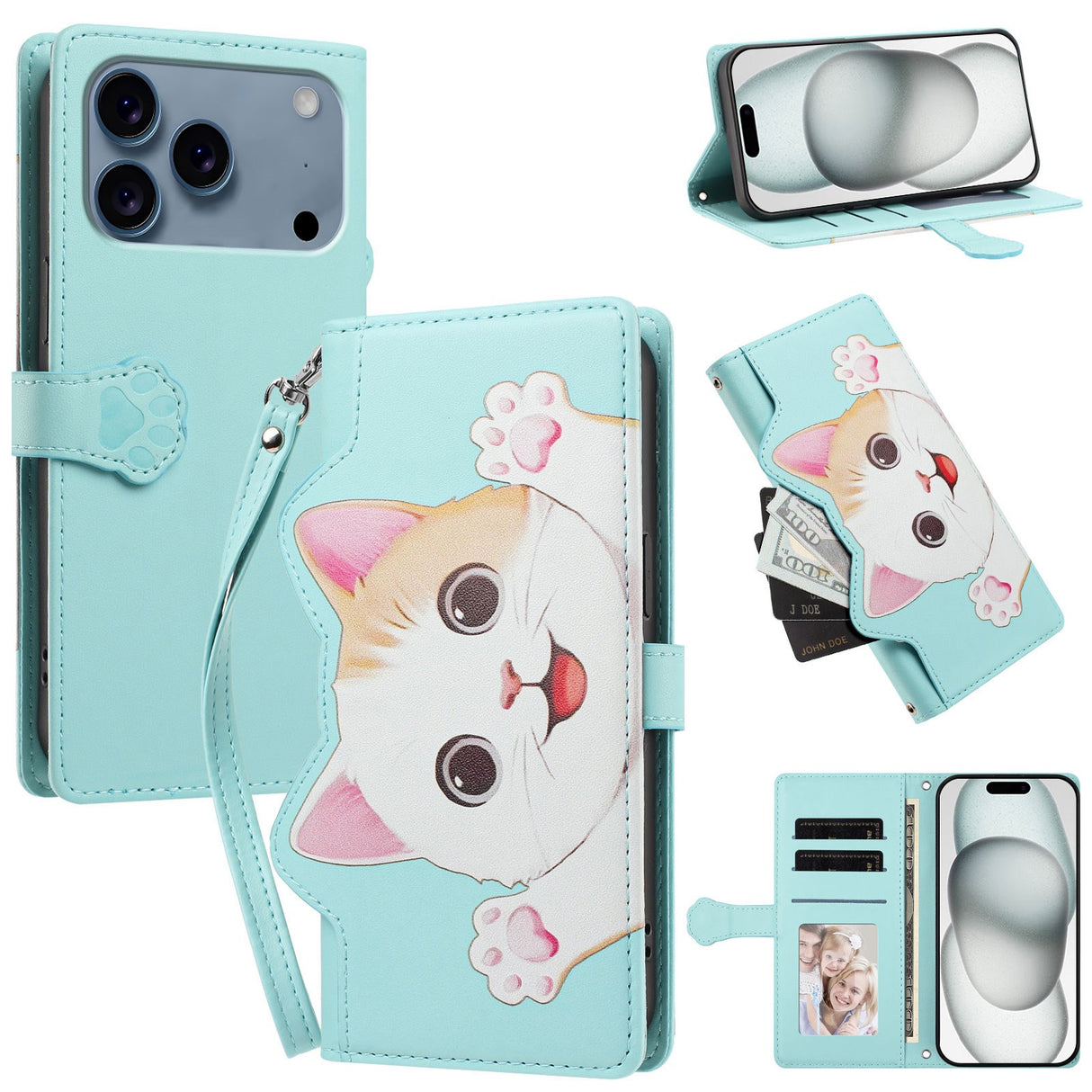 iPhone 18 Pro Max / 17 Pro Max Flip Cover - 3D Katteører - Kortholder - Ståfunktion - Blå