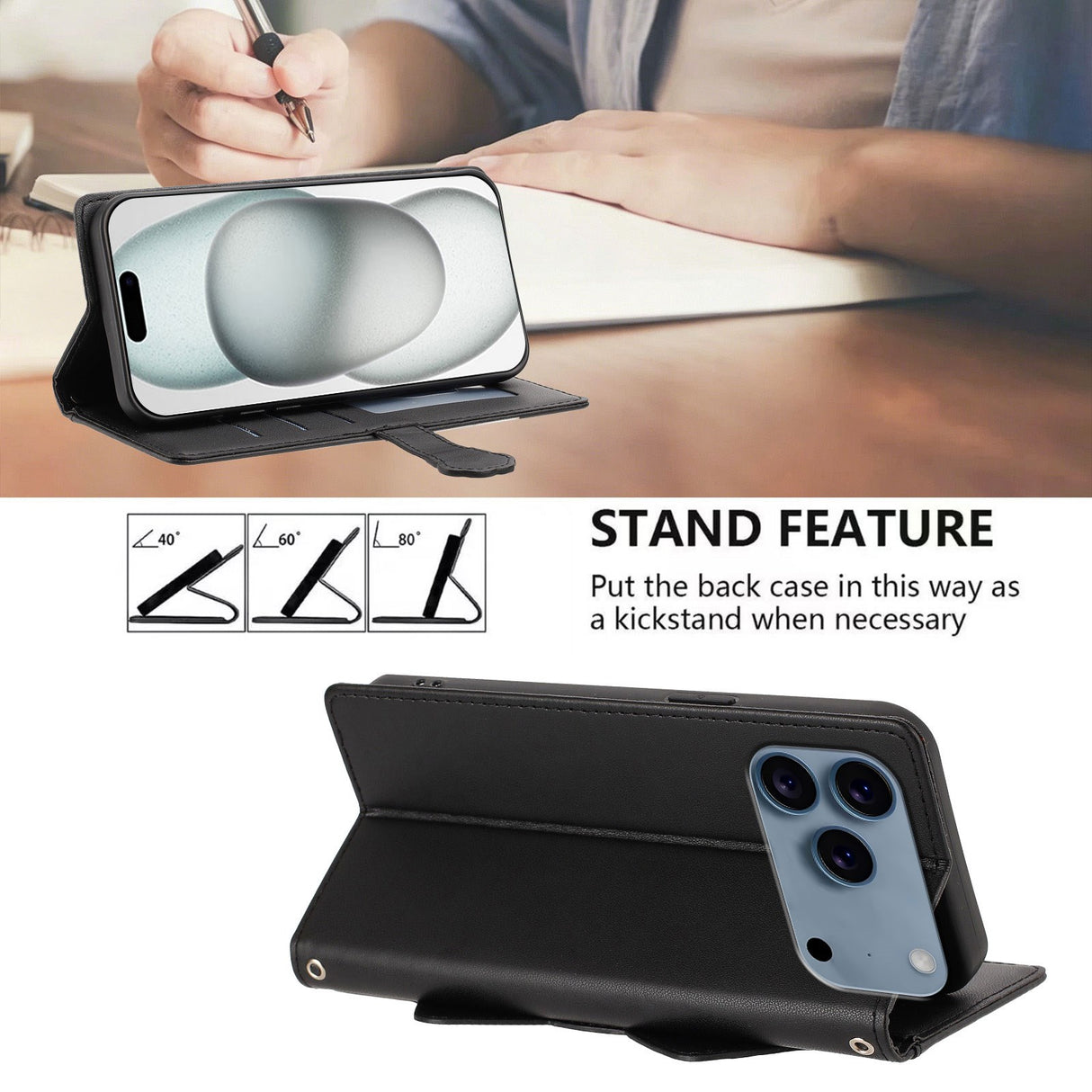 iPhone 18 Pro / 17 Pro Flip Cover - 3D Katteører - Kortholder - Ståfunktion - Sort