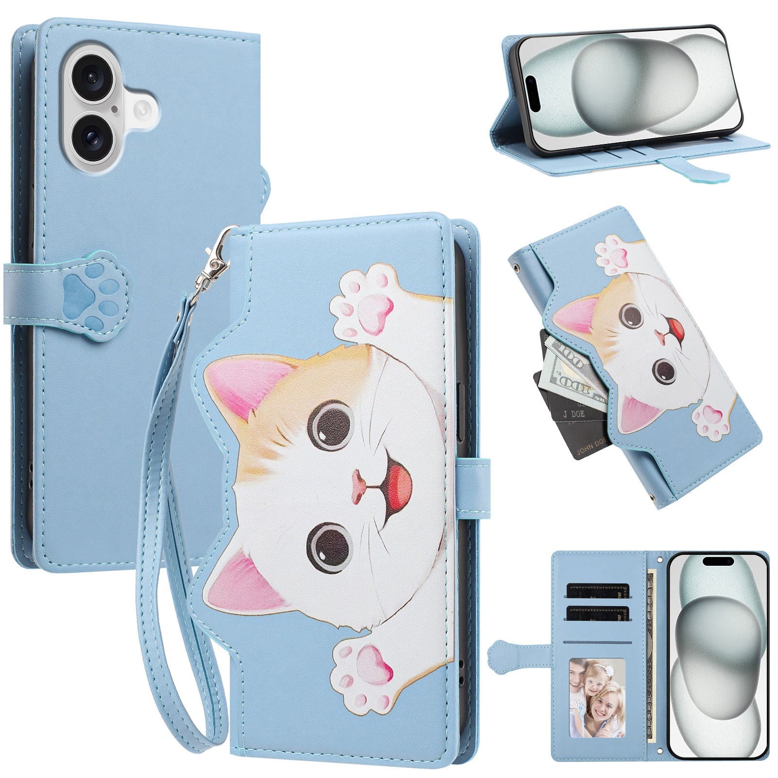 iPhone 18 / 17 Flip Cover - 3D Katteører - Kortholder - Ståfunktion - Blå