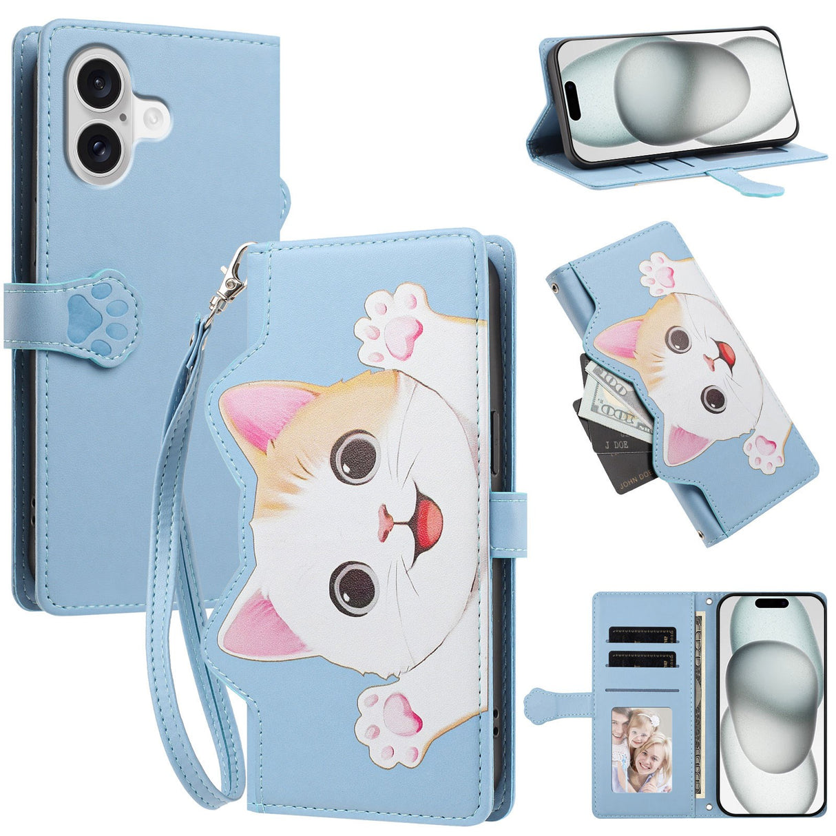 iPhone 18 / 17 Flip Cover - 3D Katteører - Kortholder - Ståfunktion - Blå