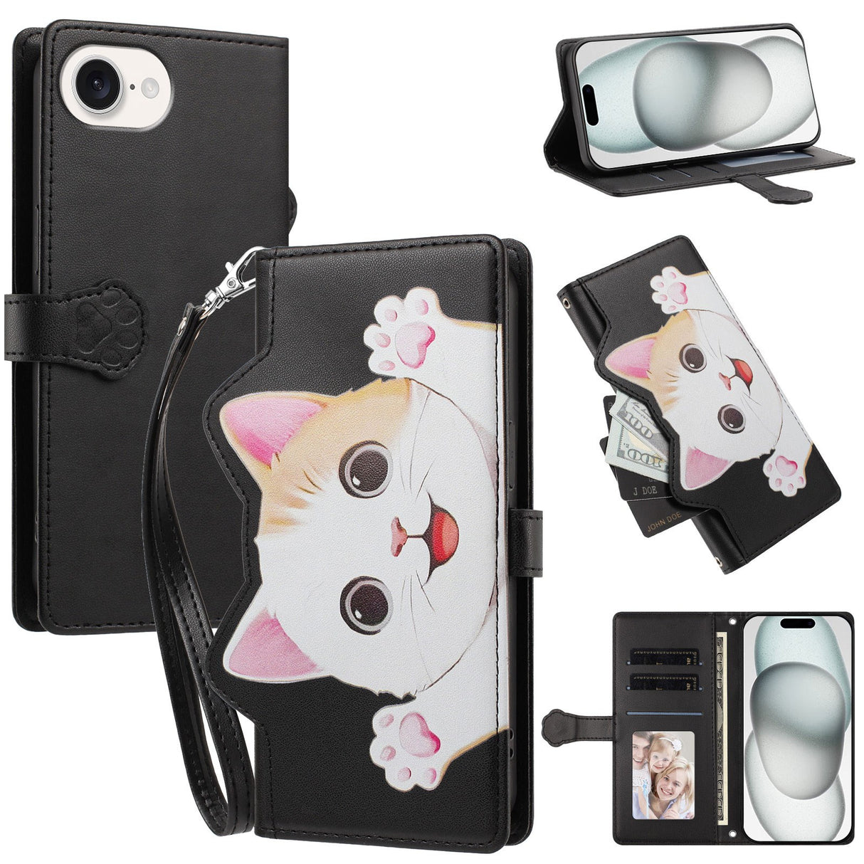 iPhone 17e / 16e Flip Cover - 3D Katteører - Kortholder - Ståfunktion - Sort