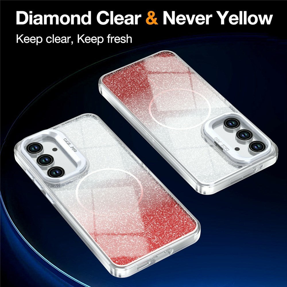 Samsung Galaxy S26 FE EIDERWOOD Hybrid Mobilcover m. Glitter & Kamera-Kickstand - Gennemsigtig / Orange
