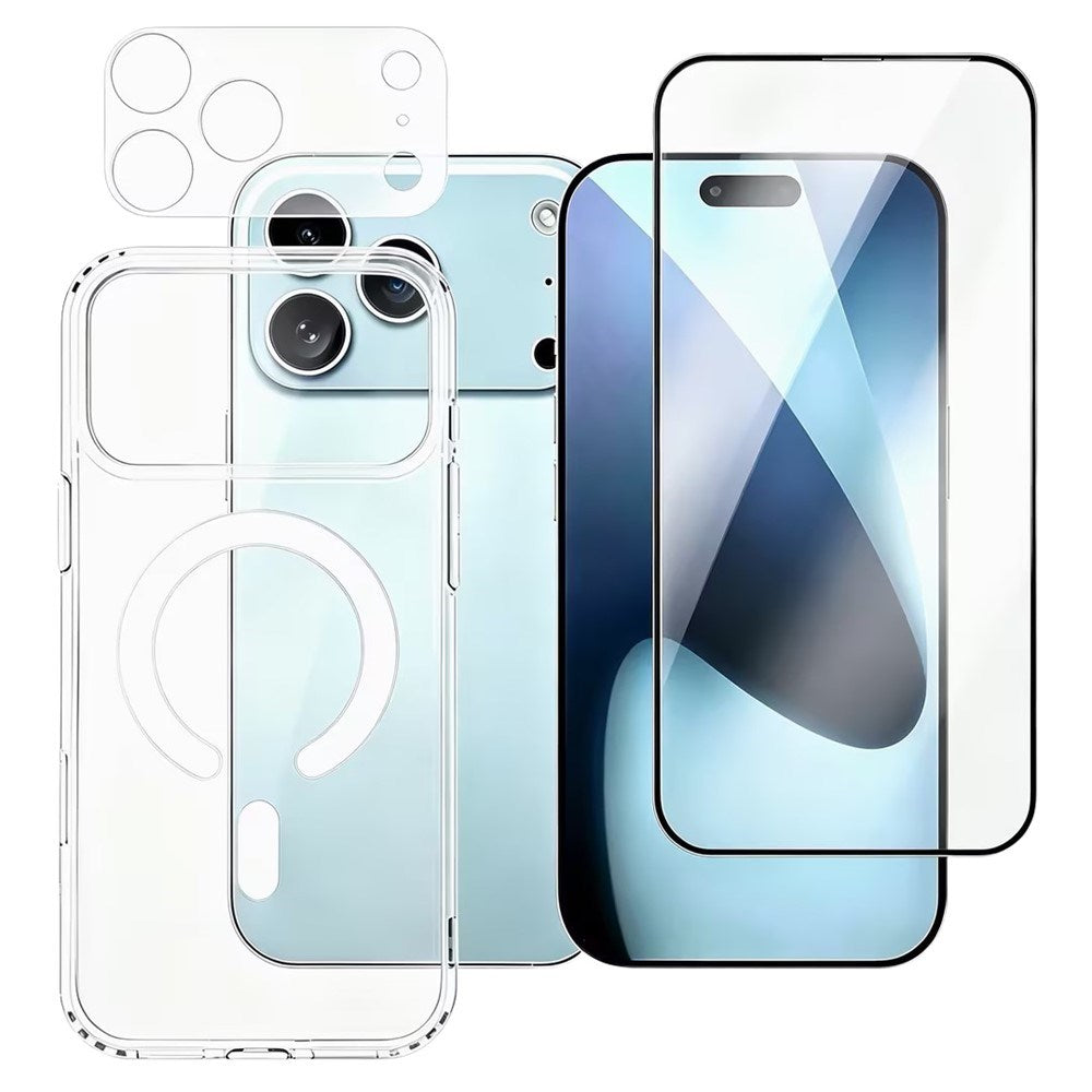 3 i 1 Beskyttelsessæt - iPhone 18 Pro Max - m. Skærmbeskyttelse | MagSafe Cover | Kameralinsebeskyttelse - Gennemsigtig / Sort Kant