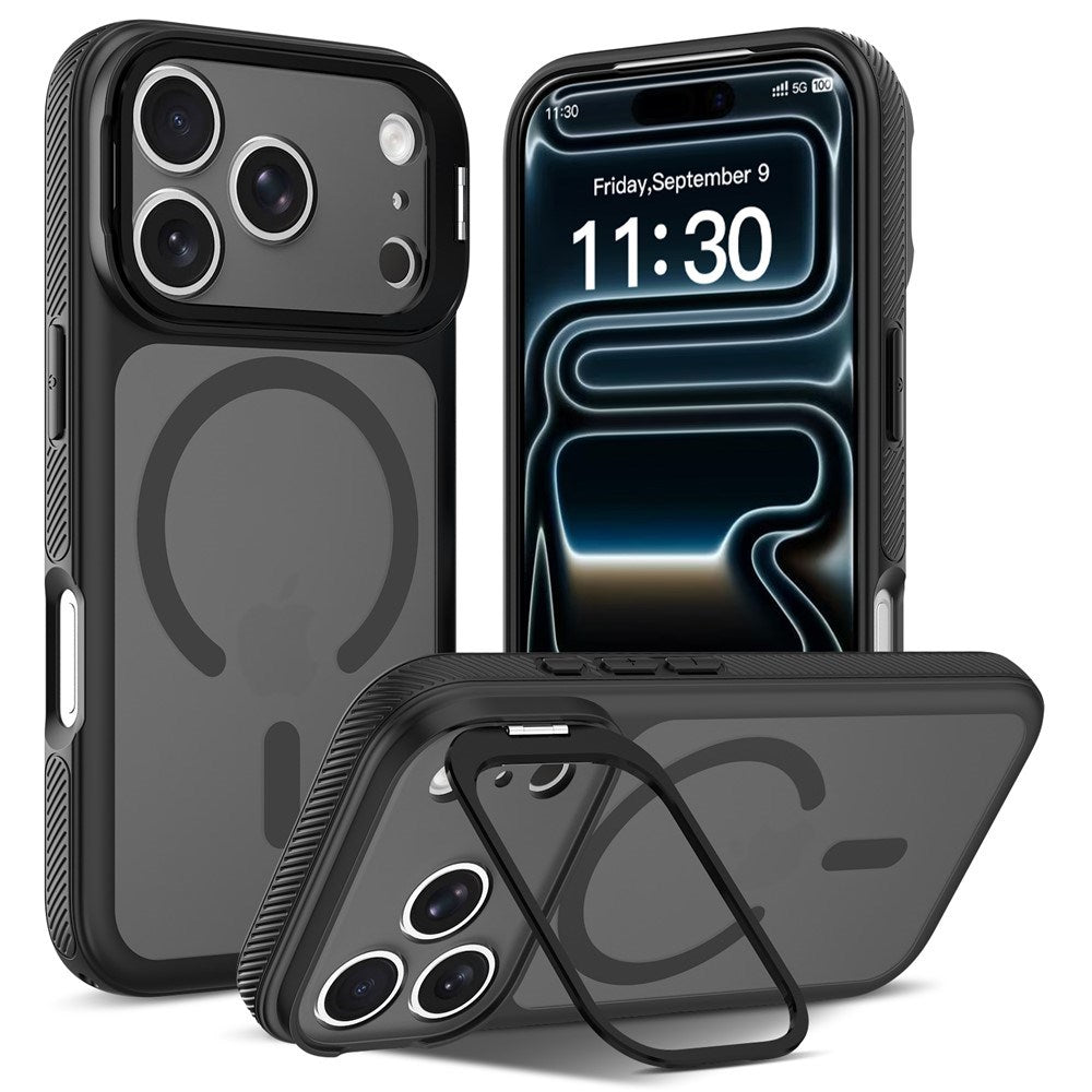 iPhone 18 Pro / 17 Pro Hybrid Plast Bagside Cover m. Stødabsorberende Kanter & Kickstand - MagSafe Kompatibel - Sort