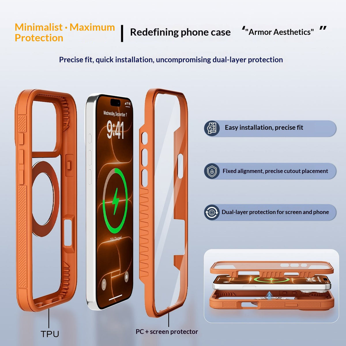 EIDERWOOD iPhone 18 Pro Max / 17 Pro Max Mobil Cover m. Skærmbeskyttelse og Kickstand - MagSafe Kompatibel - Orange / Gennemsigtig