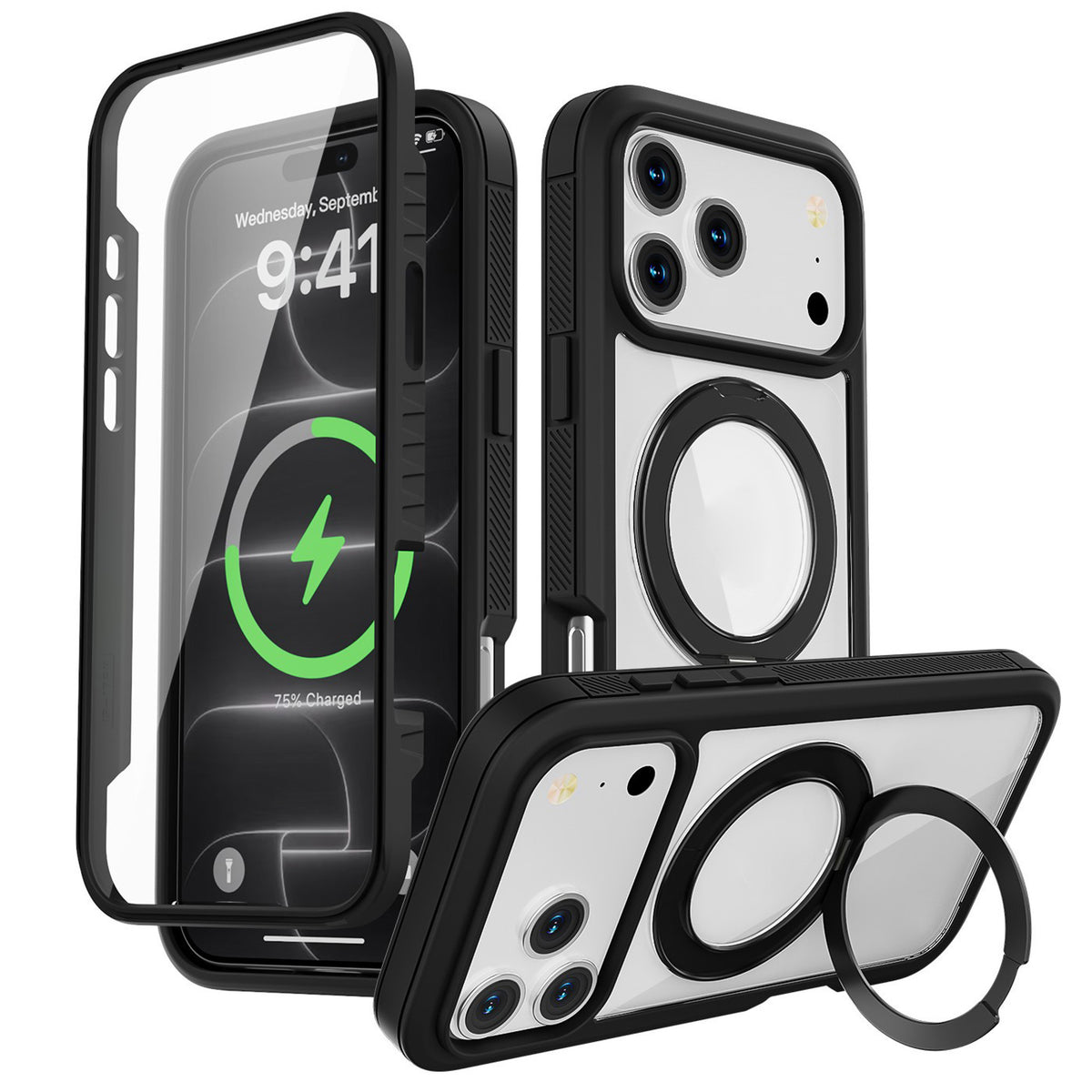 EIDERWOOD iPhone 18 Pro Max / 17 Pro Max Mobil Cover m. Skærmbeskyttelse og Kickstand - MagSafe Kompatibel - Sort /Gennemsigtig