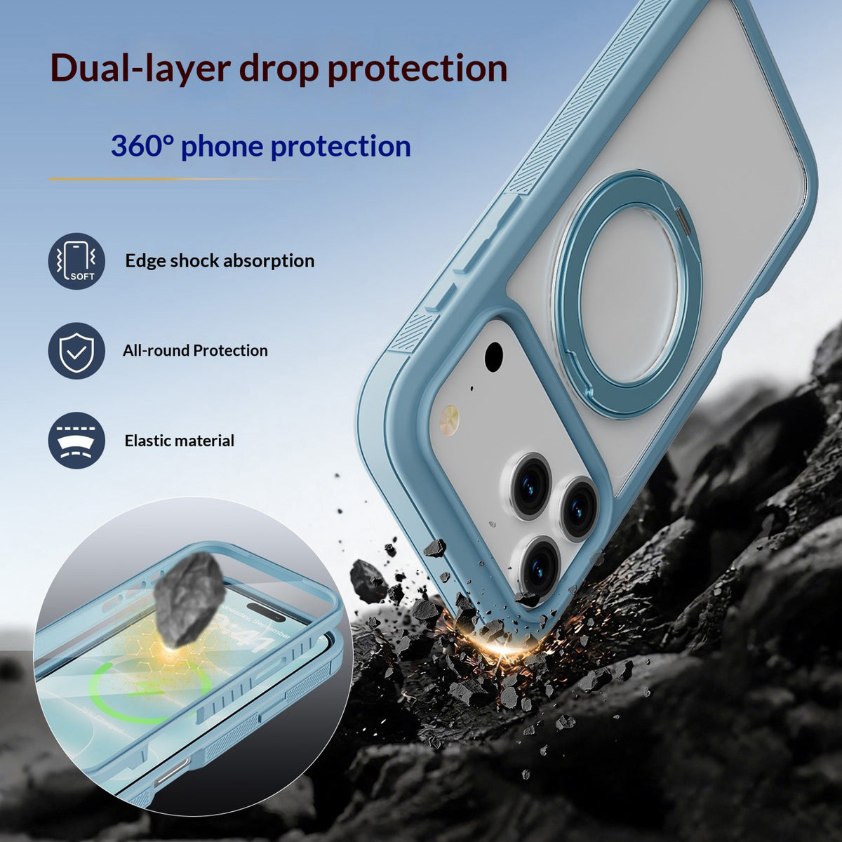EIDERWOOD iPhone 18 Pro / 17 Pro Mobil Cover m. Skærmbeskyttelse og Kickstand - MagSafe Kompatibel - Blå / Gennemsigtig