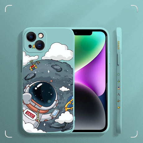 iPhone 14 Plus fleksibelt bakdeksel av plast med trykk - Astronaut on the Moon / Turkis