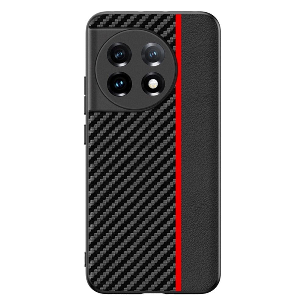 One Plus 11 TPU Carbon &amp; Faux Leather Cover - Svart / Rød