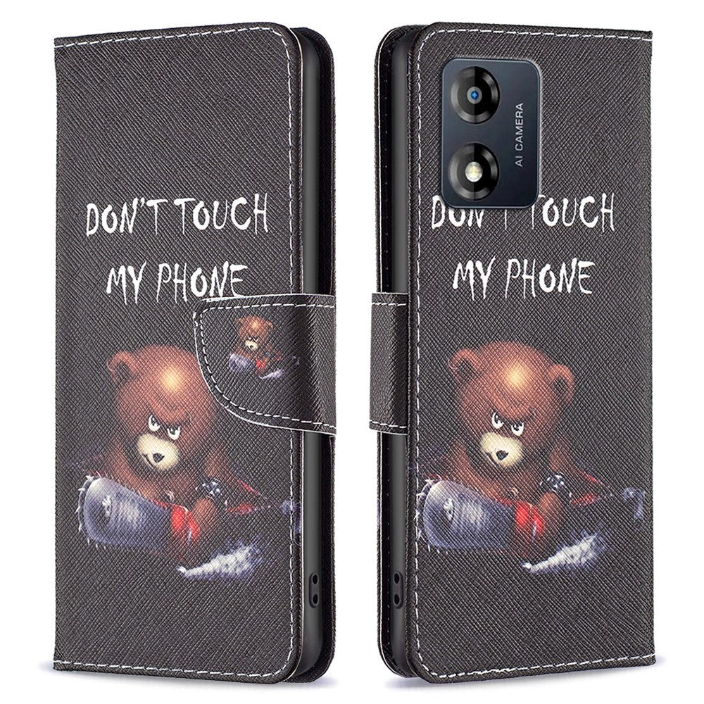 Motorola Moto E13 Leather Flip Cover m. Pung &amp; Print - "Don't Touch My Phone" Bjørn