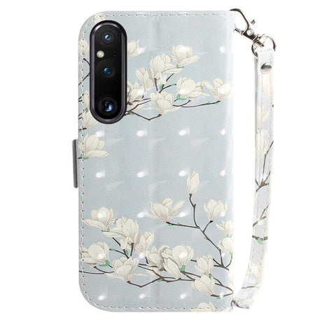 Sony Xperia 1 V Leather Flip Cover m. Trykk - Magnolia blomster