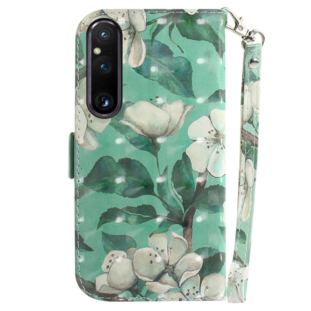 Sony Xperia 1 V Leather Flip Cover m. Trykk - Hvite blomster