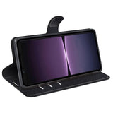 Sony Xperia 1 V Litchi Leather Flip Cover m. Lommebok - Svart