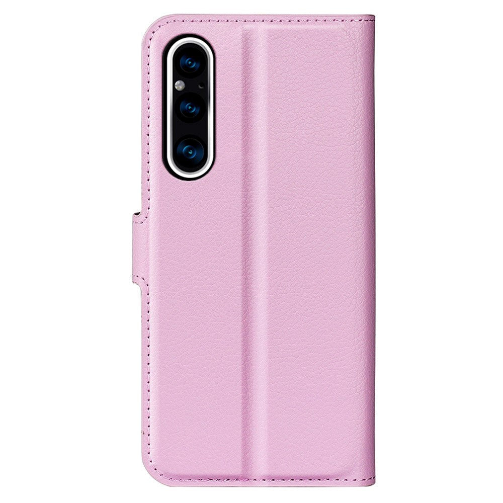 Sony Xperia 1 V Litchi Leather Flip Cover m. Lommebok - Rosa